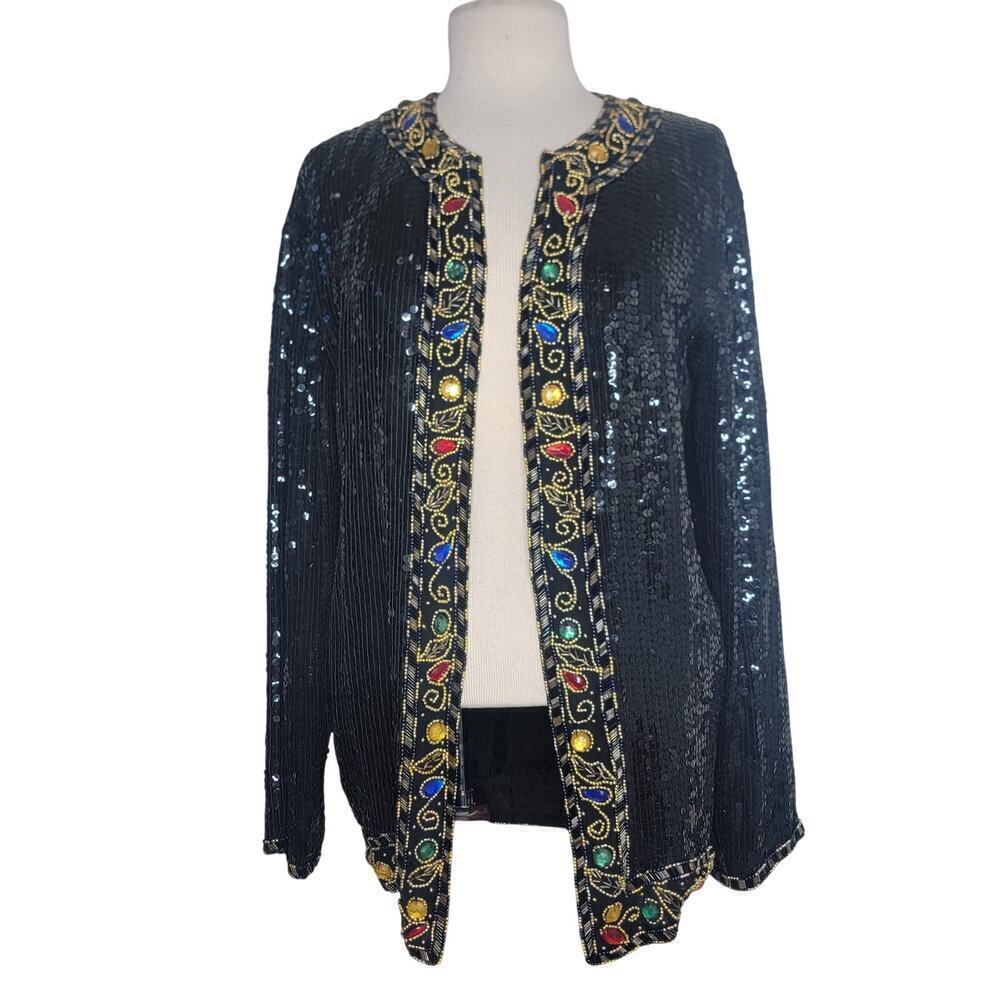 Vintage 100% Silk Natural Fibers Sequin Beaded Accent Open Front Party Jacket XL